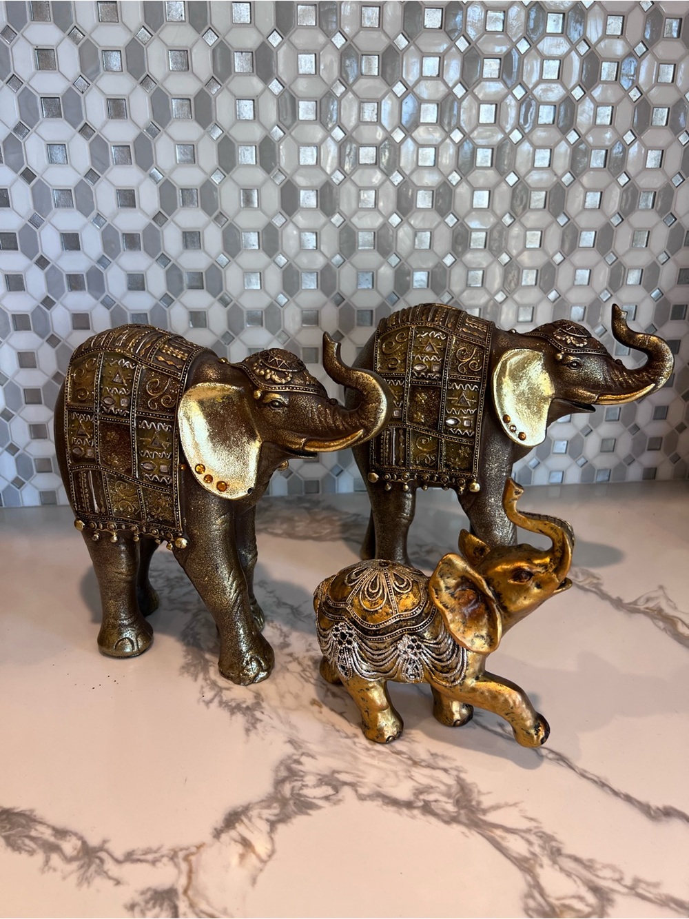 Feng Shui Gold Elephant Family Figurine Lucky Gift & Home Decor